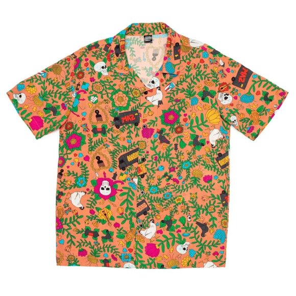 Roberto Lugo All Gender Floral Skulls Trucks Printed Rayon Button Down Shirt M - Picture 1 of 8